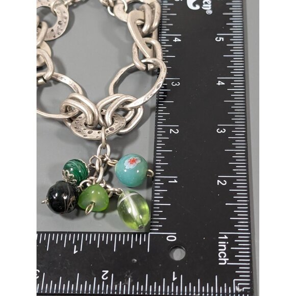 Mozaic Silver TOne Green Glass Charm Chain Bracelet Chunky Boho 8.5-11" - Picture 7 of 7
